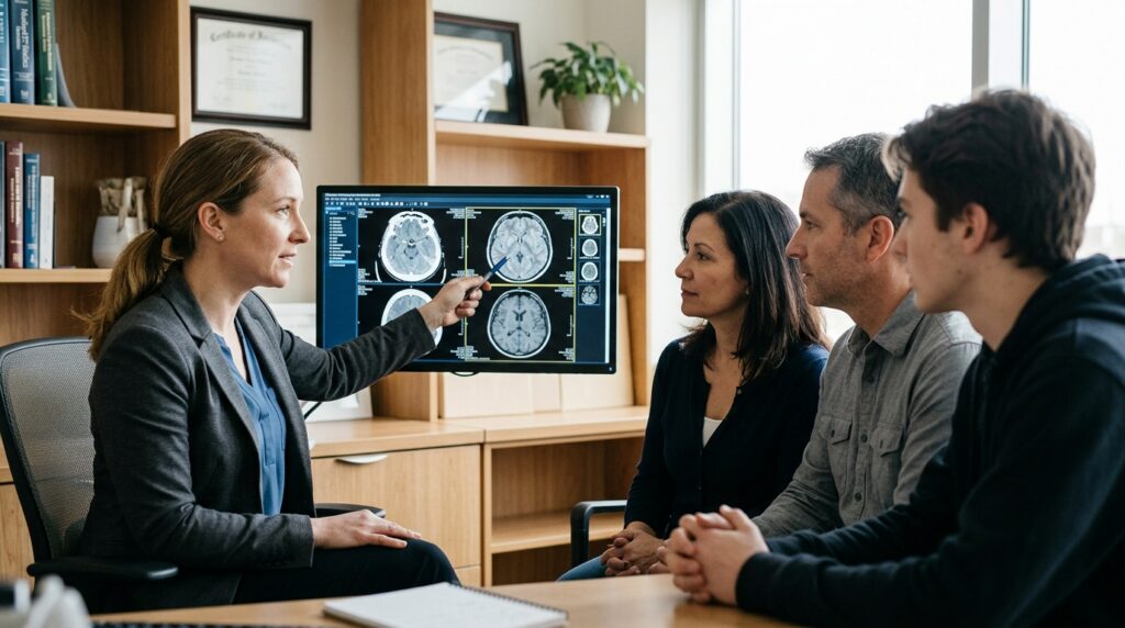 Neurologist reviewing brain scans with a family following a traumatic brain injury.