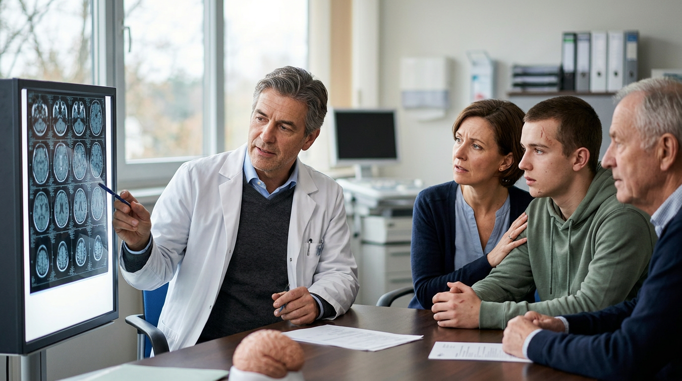 Neurologist reviewing brain scans with a family following a traumatic brain injury.