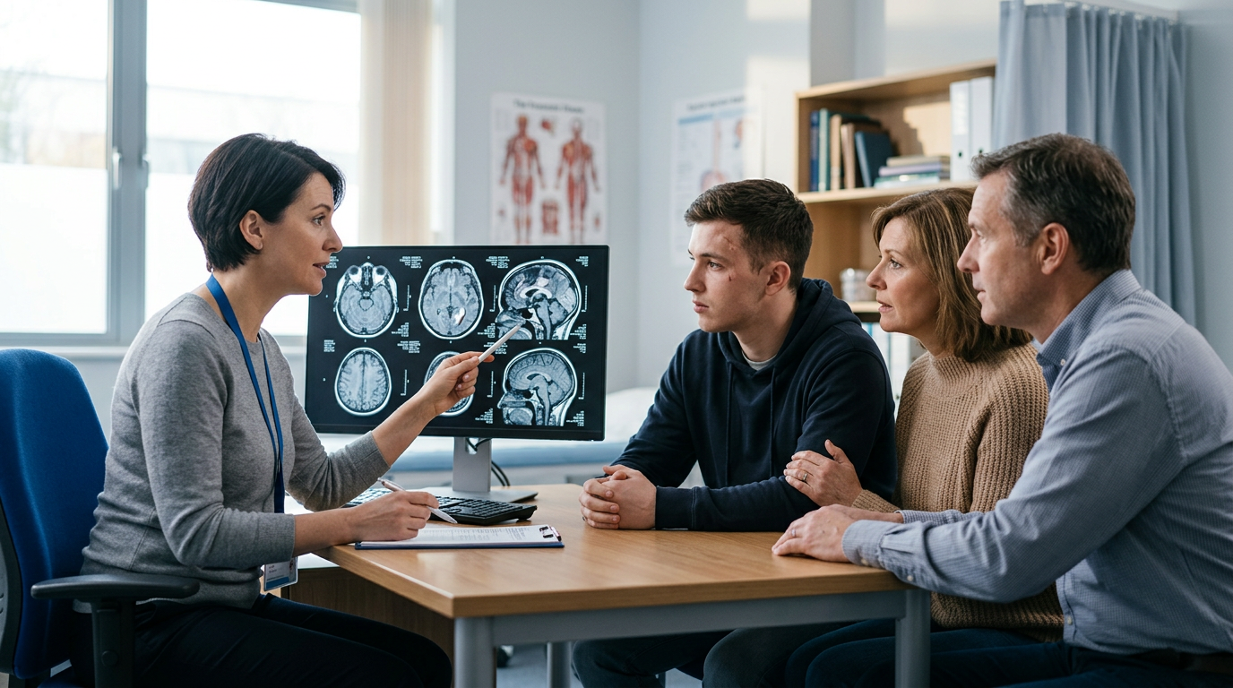Neurologist reviewing brain scans with a family following a traumatic brain injury.