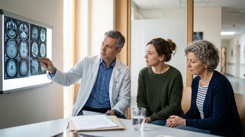Neurologist reviewing brain scans with a family following a traumatic brain injury.