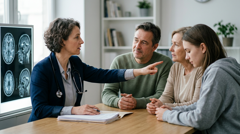 Neurologist reviewing brain scans with a family following a traumatic brain injury.