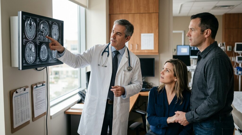 Neurologist reviewing brain scans with a family member after a traumatic brain injury.