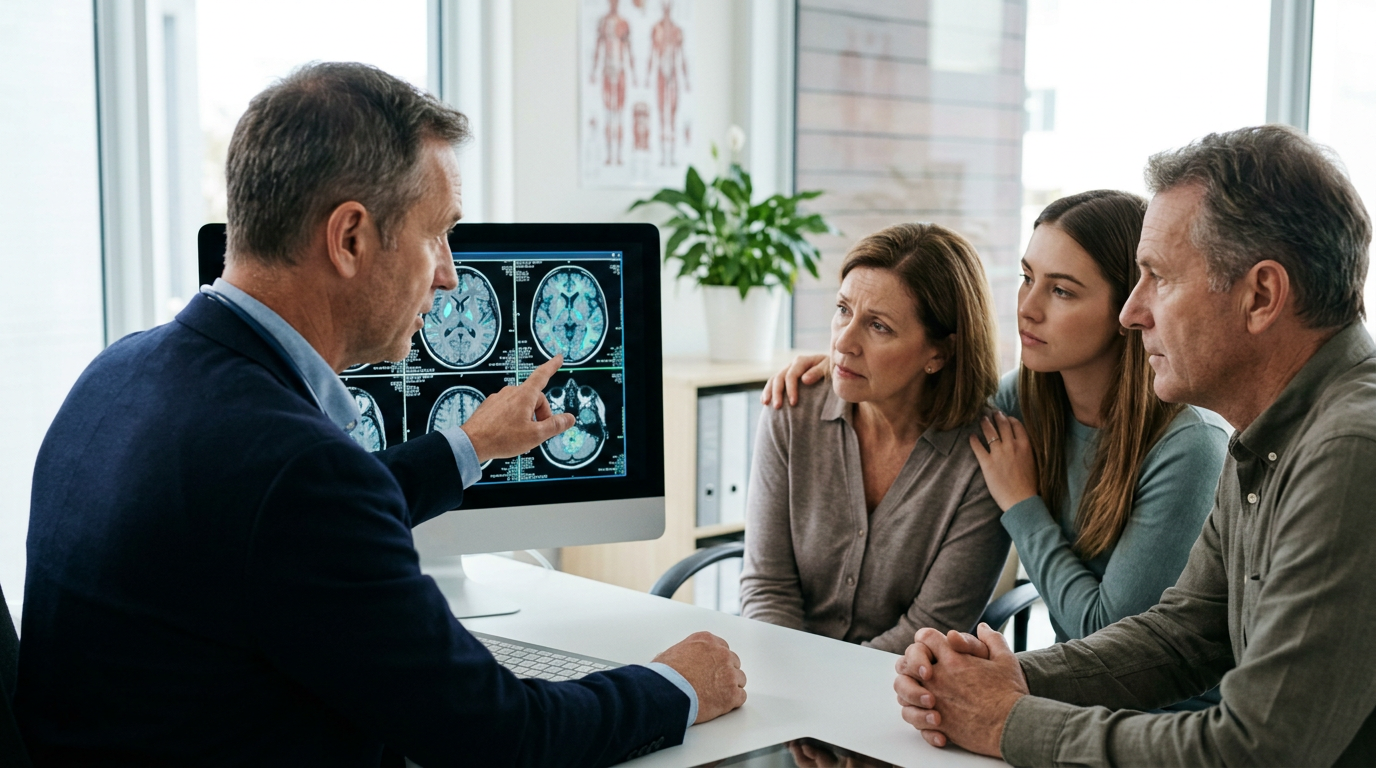 Neurologist reviewing brain scans with a family member after a traumatic brain injury.