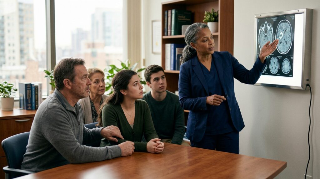 Neurologist reviews brain imaging scans with a family after a traumatic brain injury.