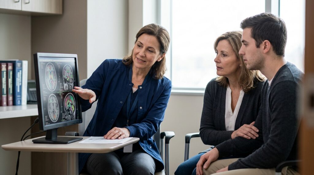 Neurologist reviews brain scan images with a family following a traumatic brain injury.