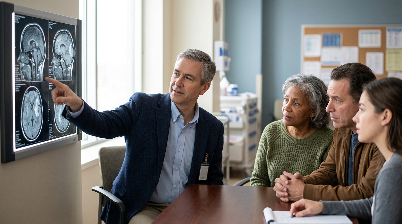 Neurologist reviews brain scans with a family after a traumatic brain injury.
