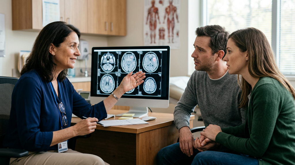 Neurologist reviews brain scans with a family after a traumatic brain injury.