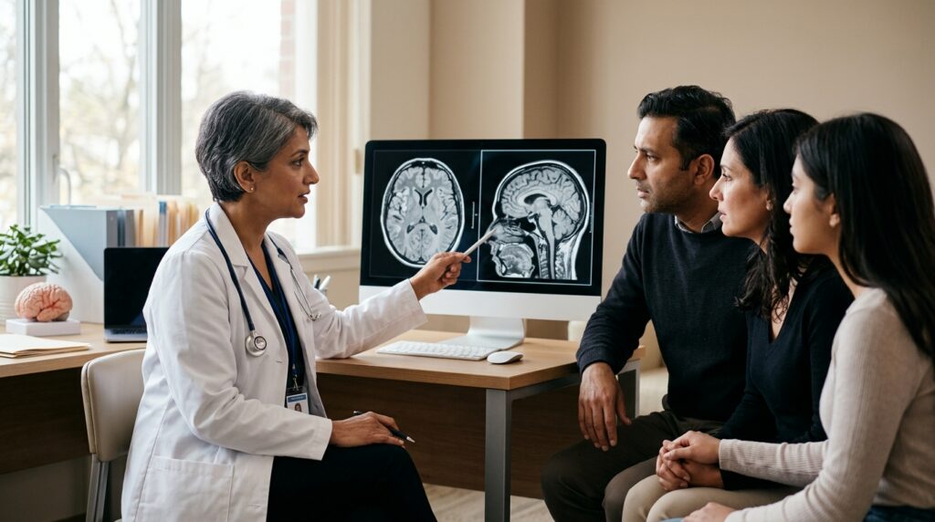 Neurologist reviews brain scans with a family after a traumatic brain injury.