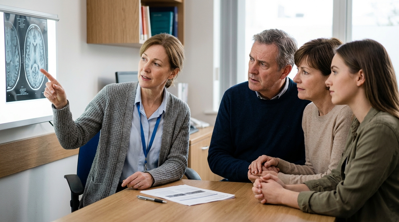 Neurologist reviews brain scans with a family following a traumatic brain injury.