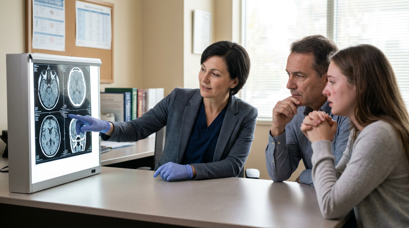 Neurologist reviews brain scans with a family member after a traumatic brain injury.