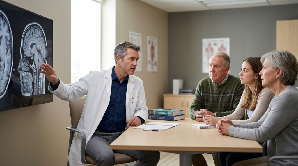 Neurologist showing brain scans to a family member while discussing a traumatic brain injury diagnosis.