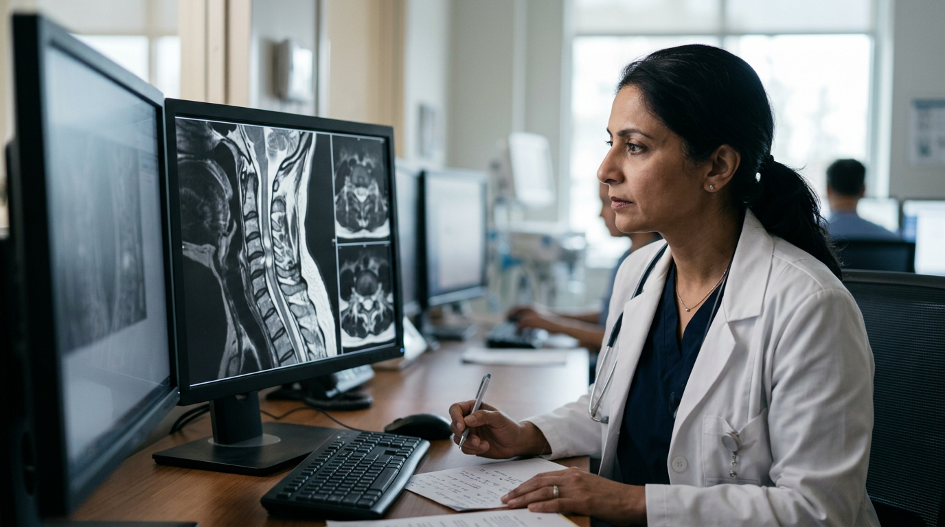 Neurosurgeon examines a cervical-spine MRI showing a spinal cord injury.