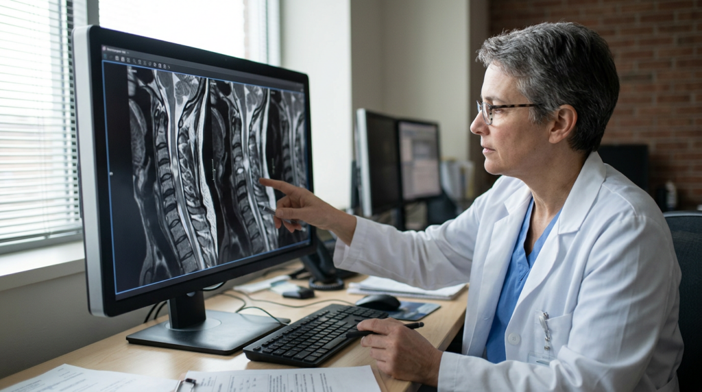 Neurosurgeon examines a cervical-spine MRI showing a spinal cord injury.