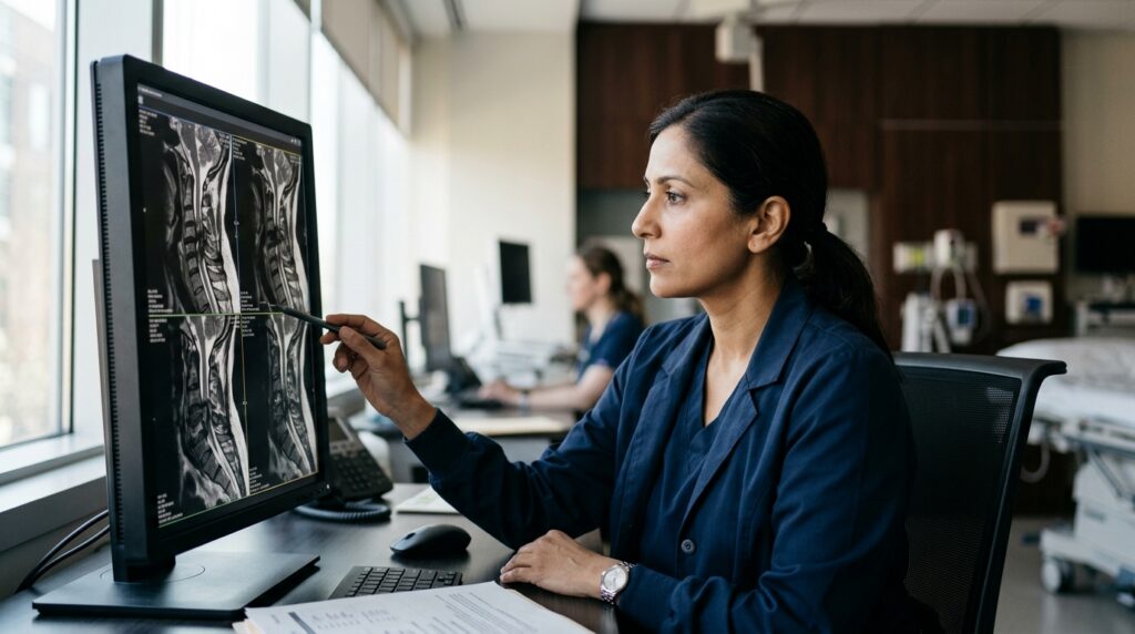Neurosurgeon examines a cervical-spine MRI showing a spinal cord injury.