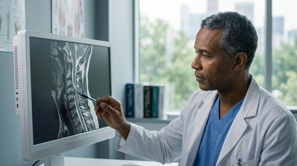 Neurosurgeon examines a cervical-spine MRI showing a spinal cord injury.