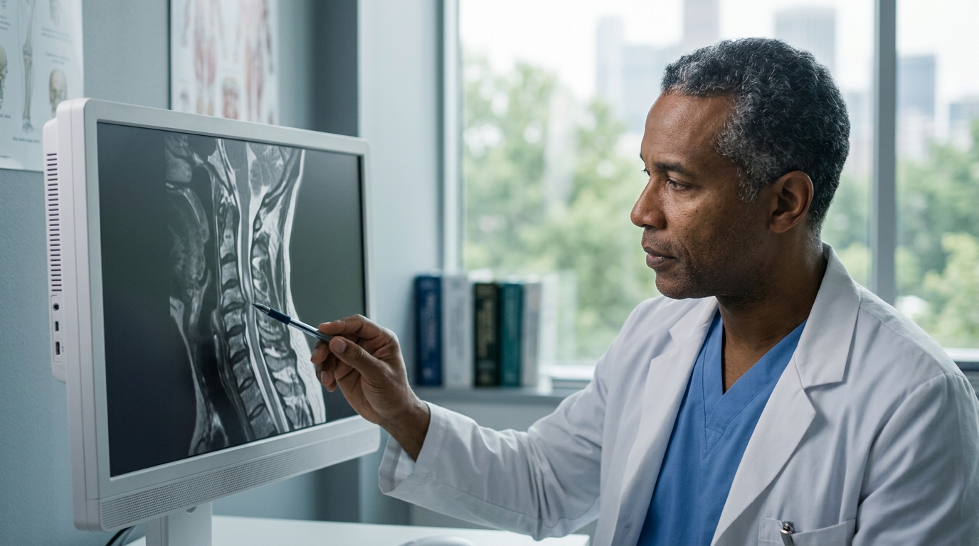 Neurosurgeon examines a cervical-spine MRI showing a spinal cord injury.