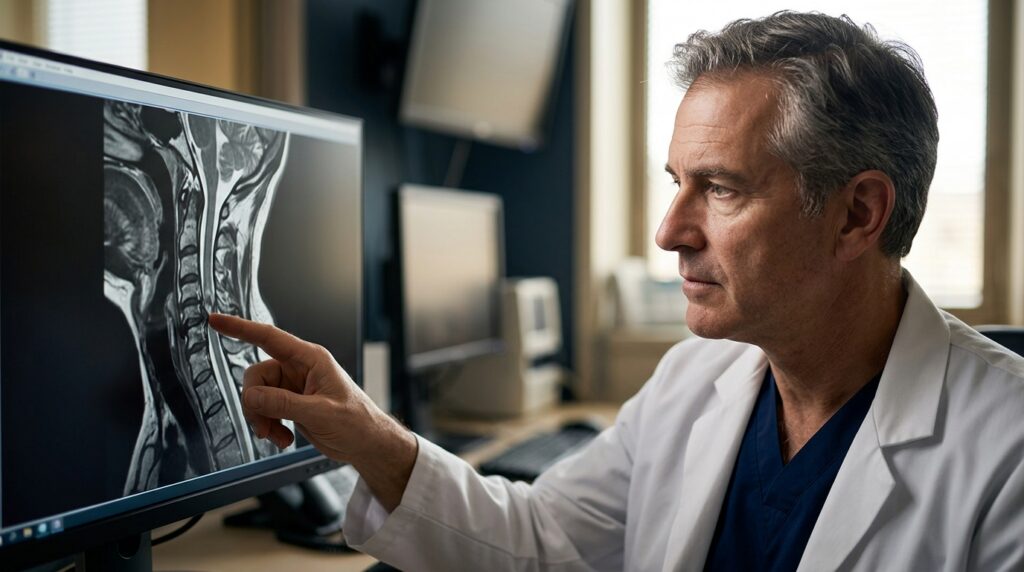 Neurosurgeon examines cervical-spine MRI scan showing spinal cord injury.
