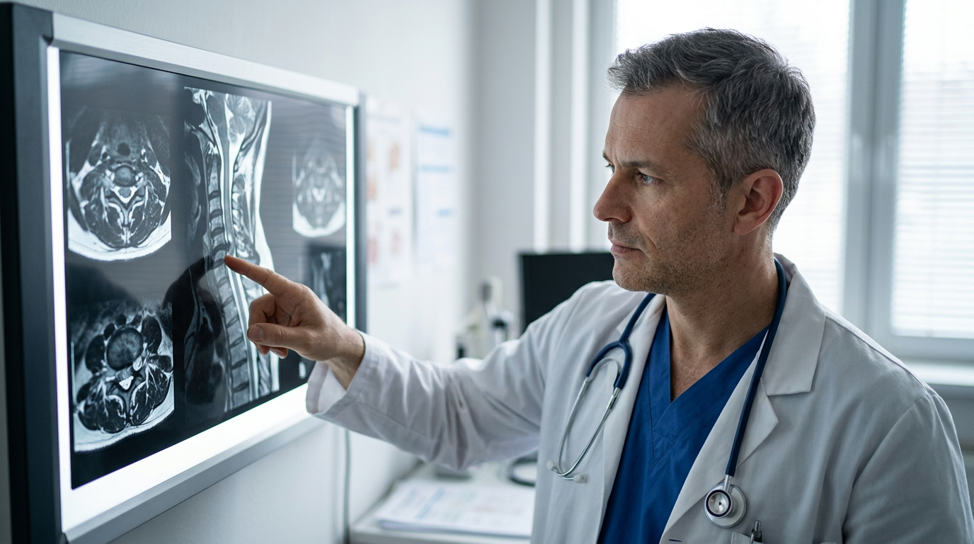 Neurosurgeon examines cervical-spine MRI scan showing spinal cord injury.
