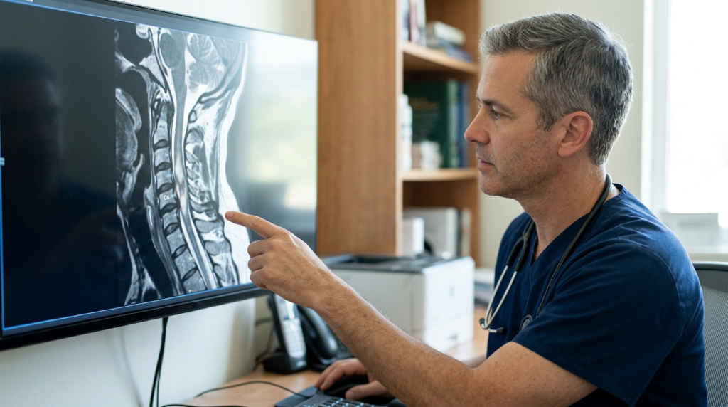 Neurosurgeon examines cervical-spine MRI showing a spinal cord injury.
