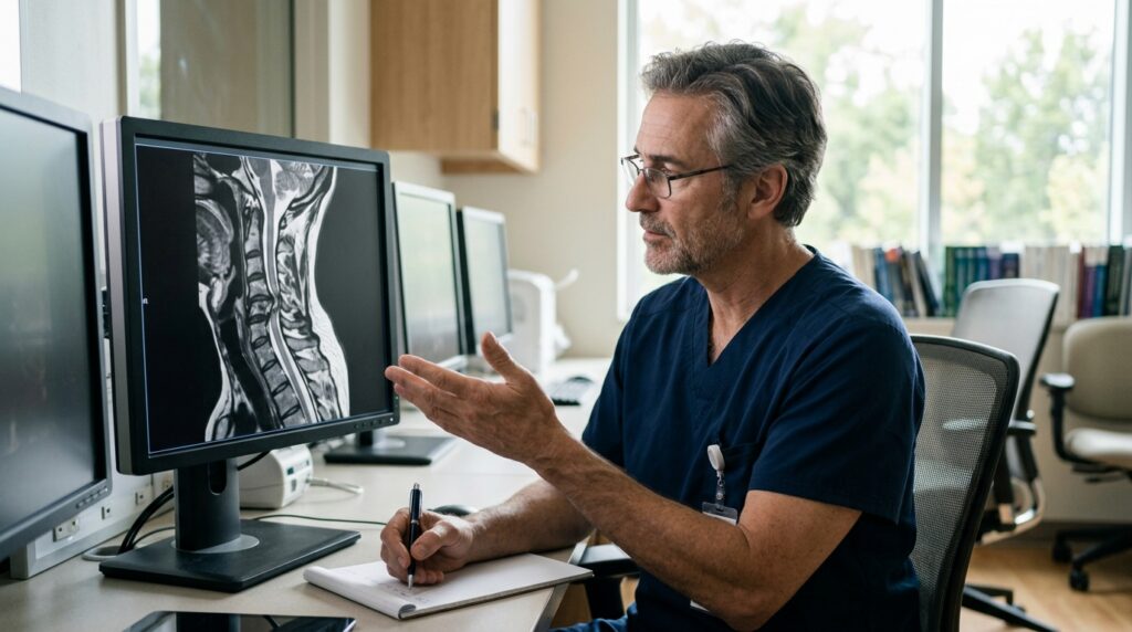 Neurosurgeon examines cervical-spine MRI showing a spinal cord injury.