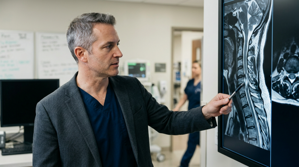 Neurosurgeon examining a cervical-spine MRI revealing a spinal cord injury.