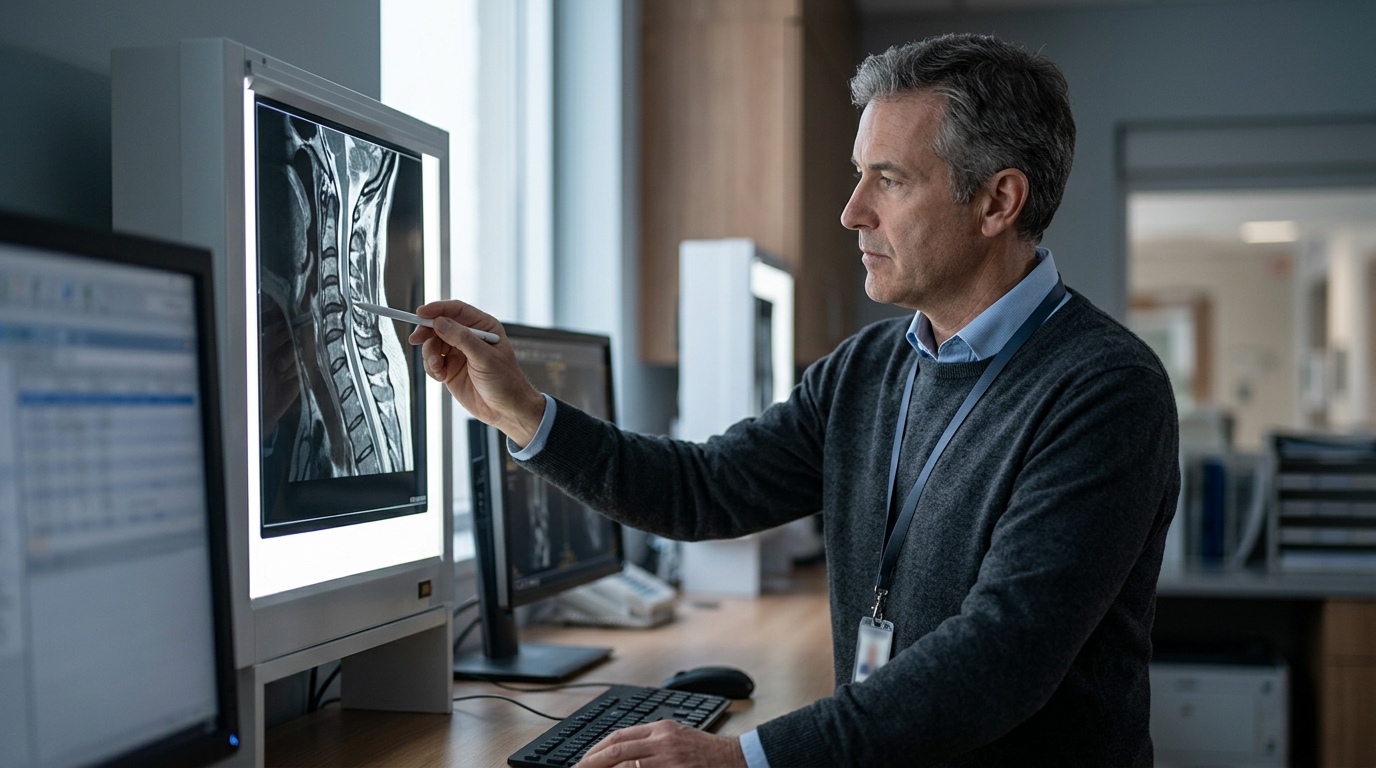 Neurosurgeon examining a cervical-spine MRI revealing a spinal cord injury.
