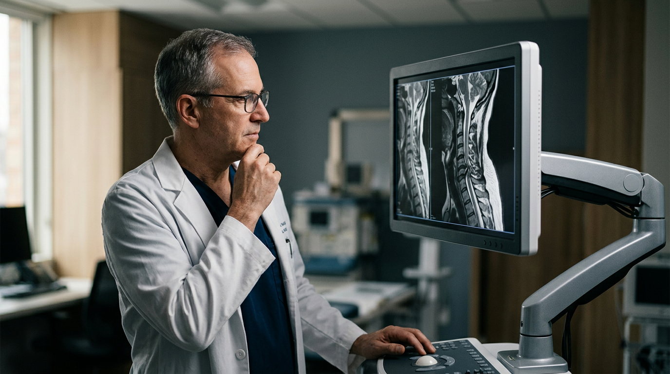 Neurosurgeon examining a cervical-spine MRI scan showing a spinal cord injury.