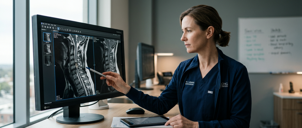 Neurosurgeon examining a cervical-spine MRI scan showing a spinal cord injury.