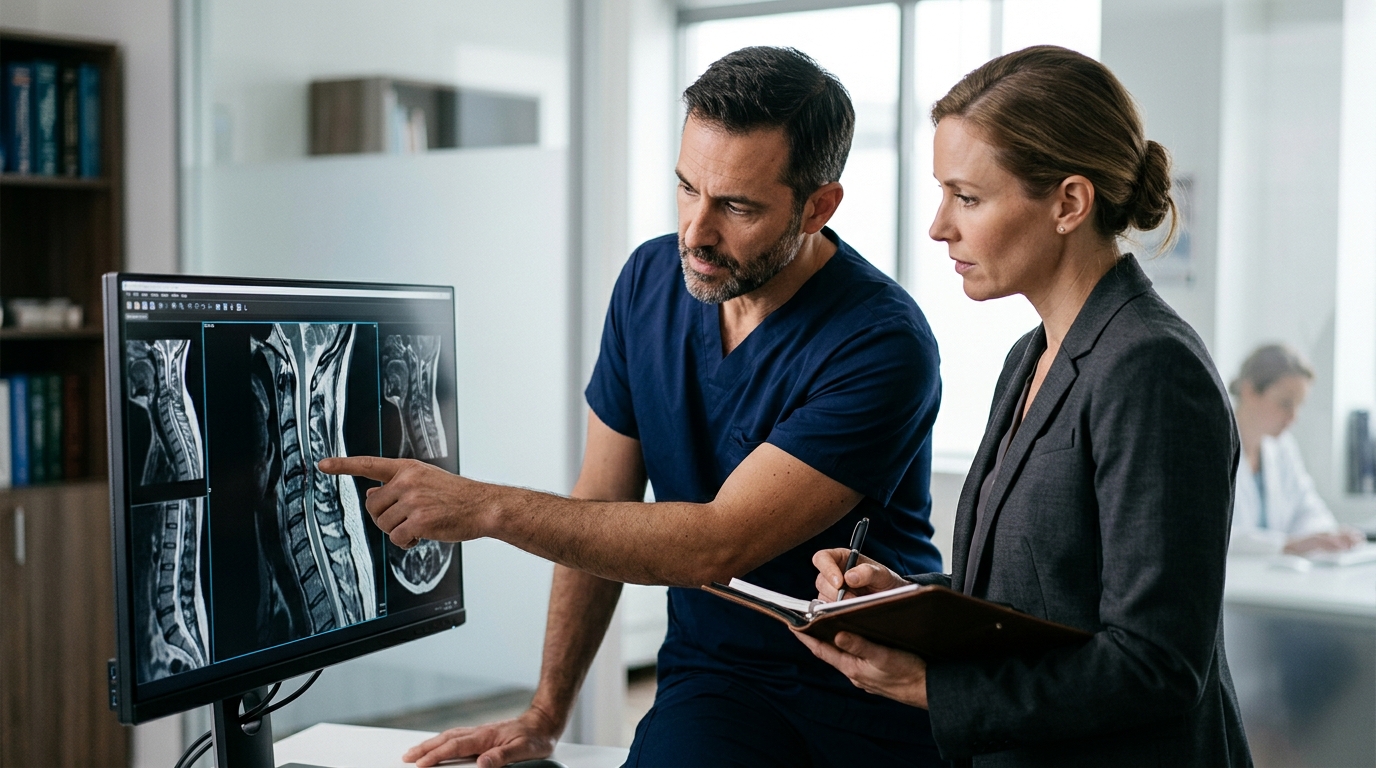 Neurosurgeon examining a cervical-spine MRI scan showing a spinal cord injury.
