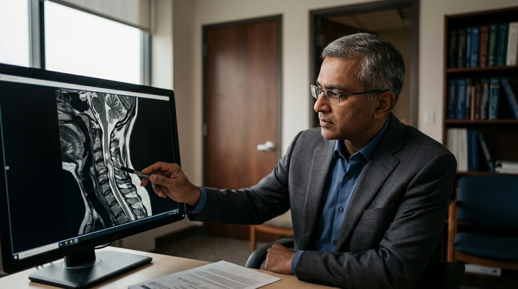 Neurosurgeon examining a cervical-spine MRI scan showing a spinal cord injury.