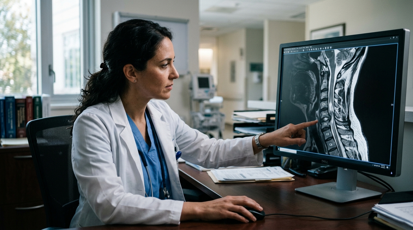 Neurosurgeon examining a cervical-spine MRI scan showing a spinal cord injury.