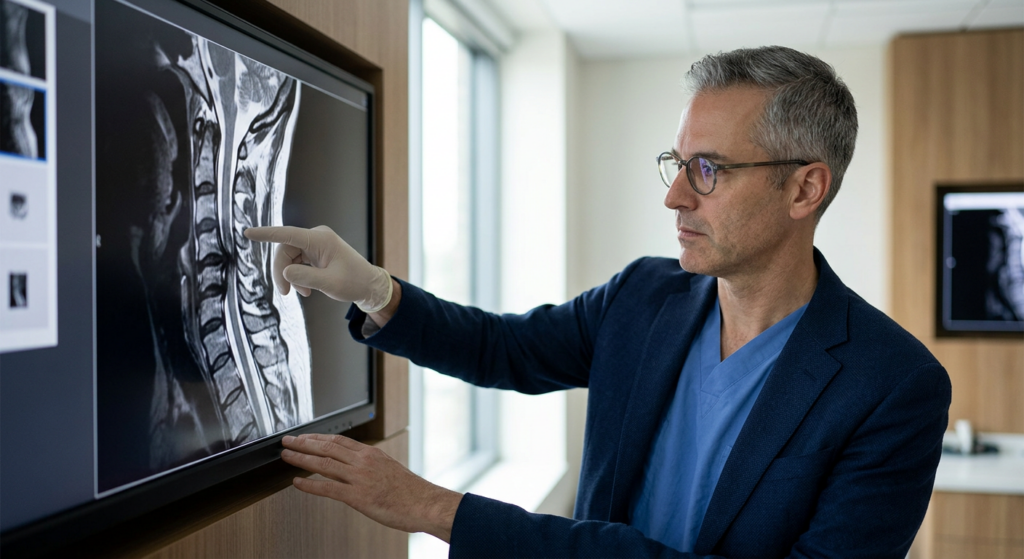 Neurosurgeon examining a cervical-spine MRI scan showing a spinal cord injury.