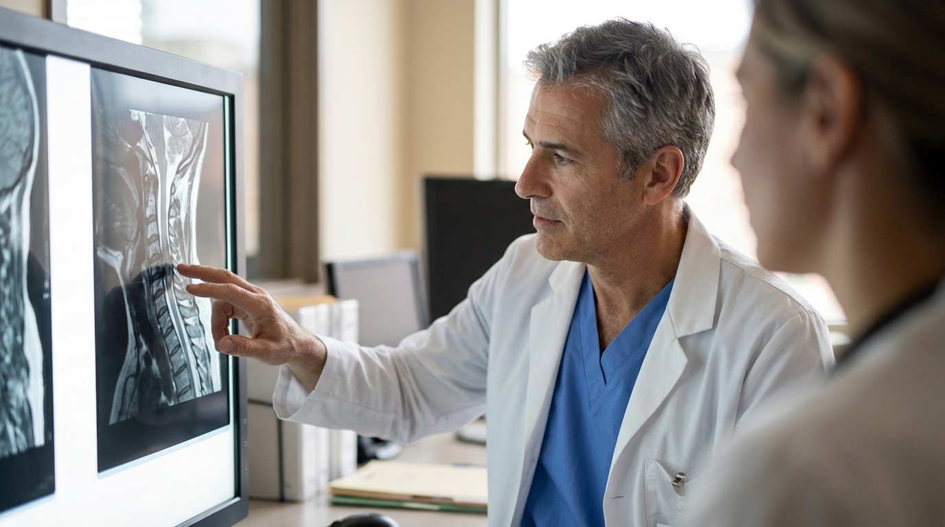 Neurosurgeon examining a cervical-spine MRI scan showing a spinal cord injury.