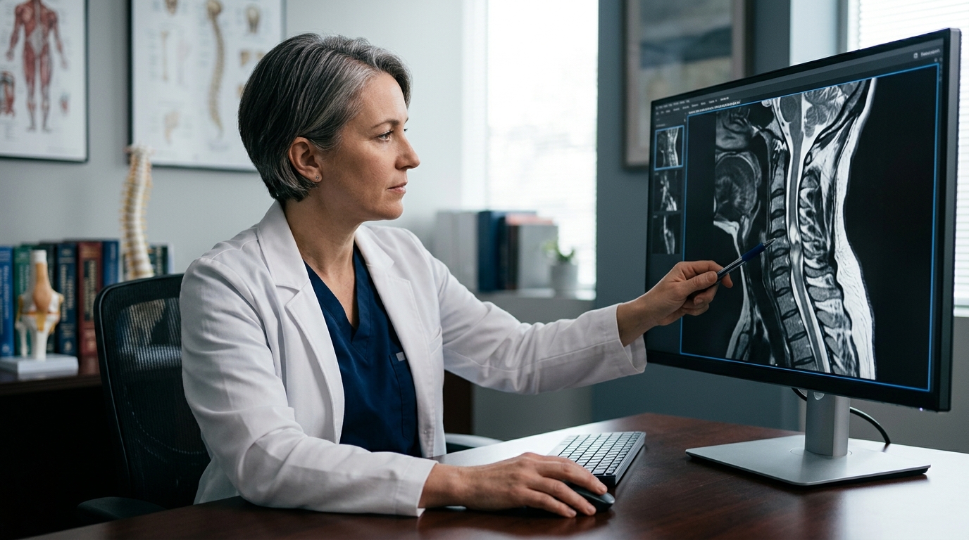 Neurosurgeon examining a cervical-spine MRI scan showing a spinal cord injury.