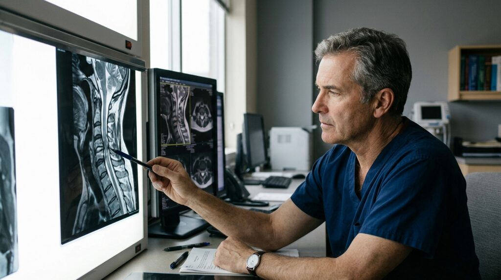 Neurosurgeon examining a cervical-spine MRI scan showing a spinal cord injury.