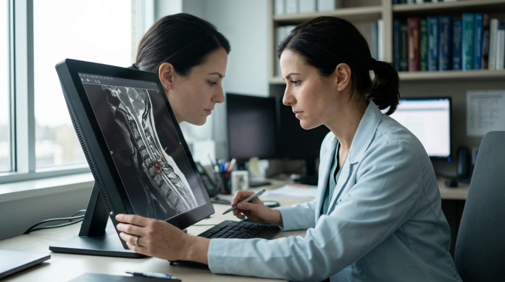 Neurosurgeon examining a cervical-spine MRI scan showing a spinal cord injury.