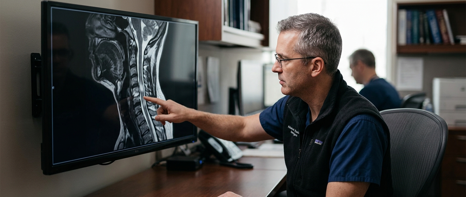 Neurosurgeon examining a cervical-spine MRI scan showing a spinal cord injury.