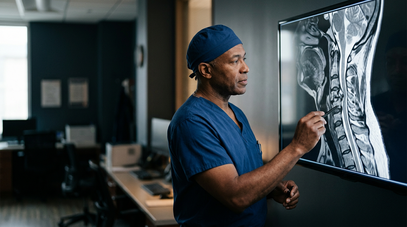 Neurosurgeon examining a cervical-spine MRI scan showing a spinal cord injury.