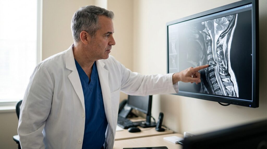 Neurosurgeon examining a cervical-spine MRI scan showing spinal cord injury.