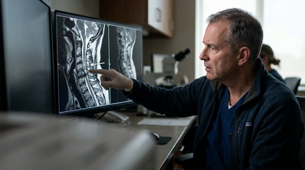 Neurosurgeon examining a cervical-spine MRI scan showing spinal cord injury.