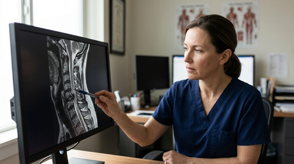 Neurosurgeon examining a cervical-spine MRI showing a herniated disc compressing the spinal cord.