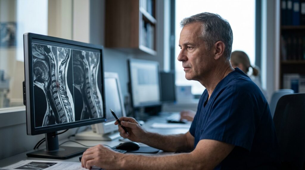 Neurosurgeon examining a cervical-spine MRI showing a spinal cord injury.