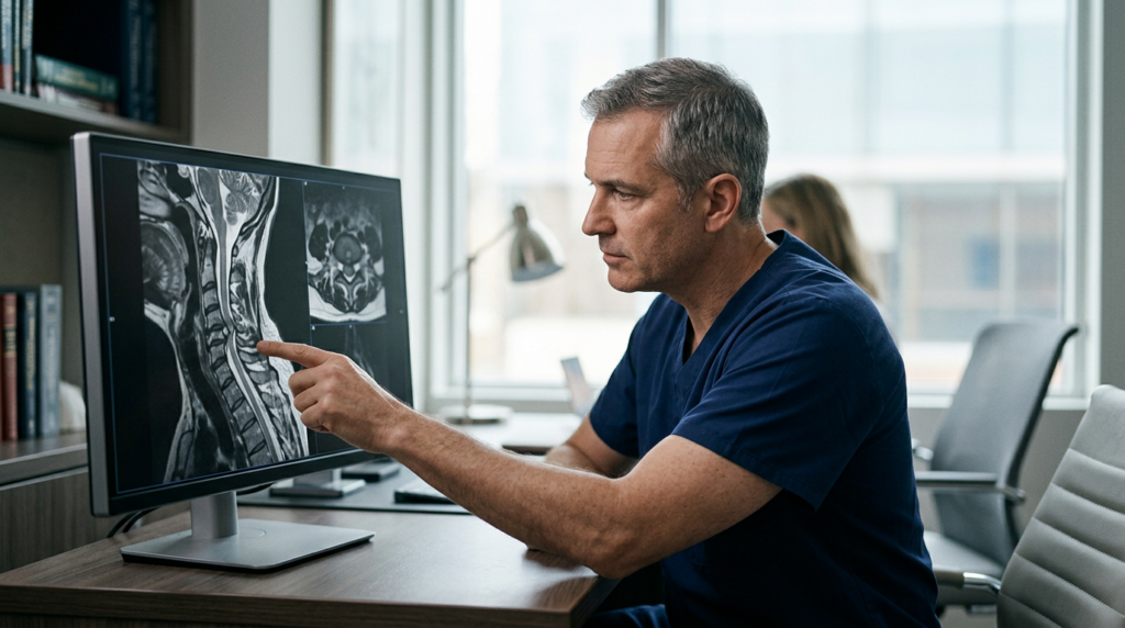 Neurosurgeon examining a cervical-spine MRI showing a spinal cord injury.