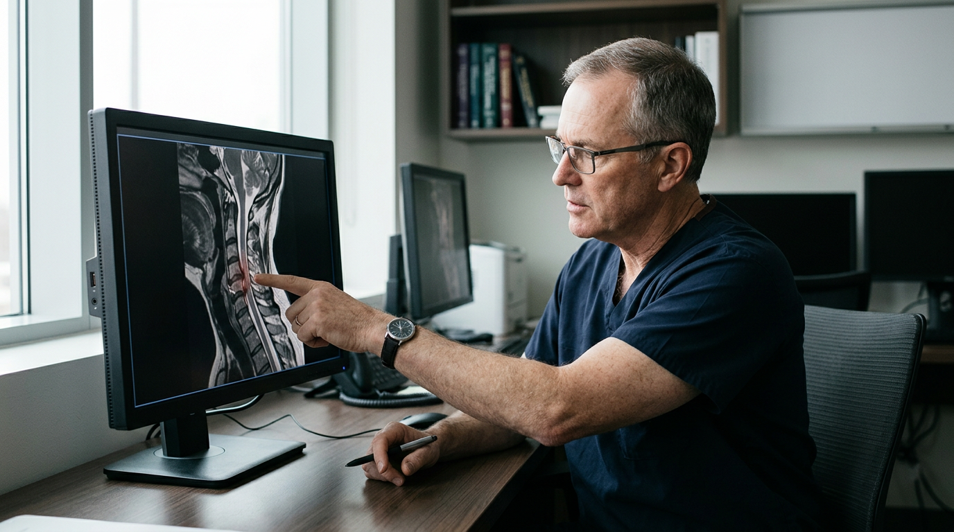 Neurosurgeon examining a cervical-spine MRI showing a spinal cord injury.