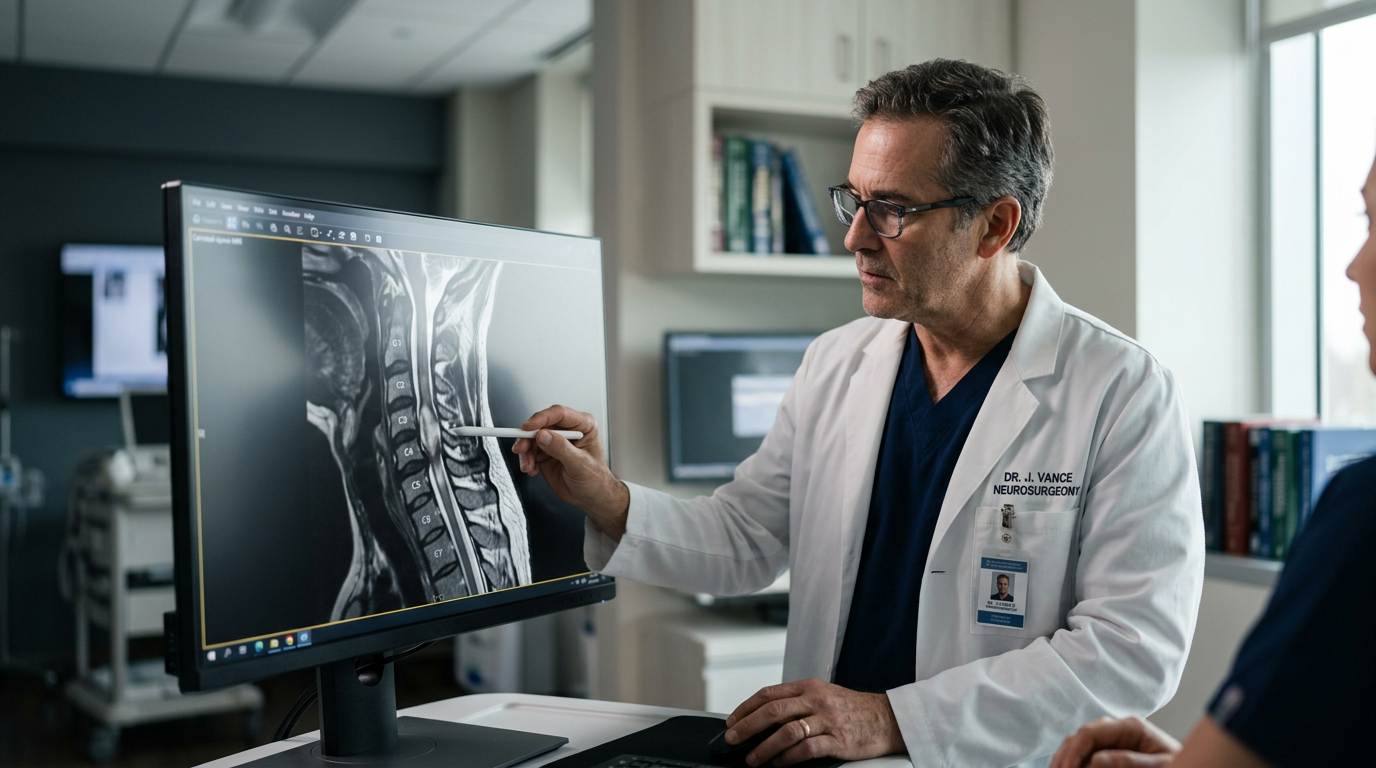 Neurosurgeon examining a cervical-spine MRI showing a spinal cord injury.