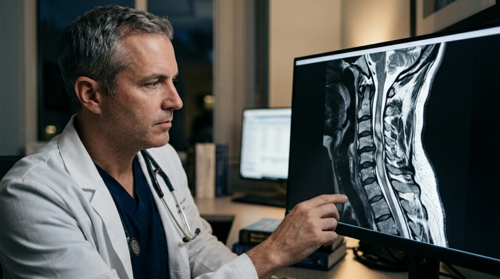 Neurosurgeon examining a cervical-spine MRI showing a spinal cord injury.