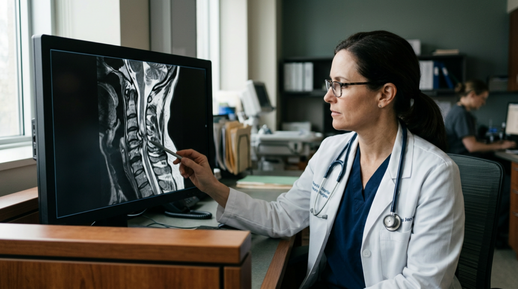 Neurosurgeon examining a cervical-spine MRI showing a spinal cord injury.