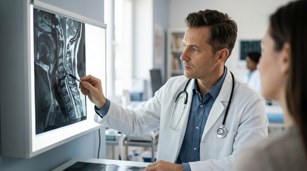 Neurosurgeon examining a cervical-spine MRI showing a spinal cord injury.