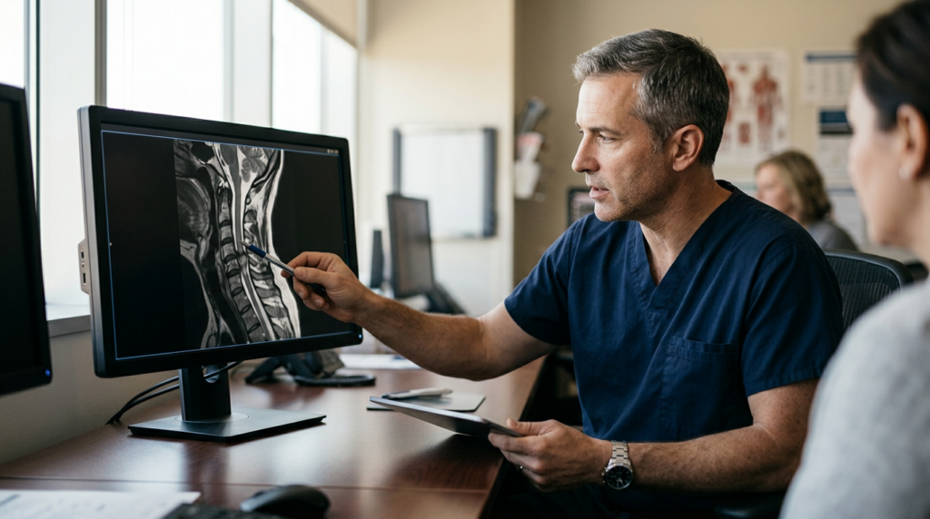 Neurosurgeon examining a cervical-spine MRI showing a spinal cord injury.