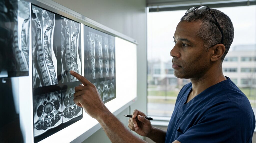 Neurosurgeon examining a cervical-spine MRI showing a spinal cord injury.